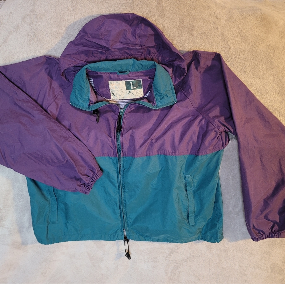Vtg WearGuard Mens L Windbreaker Jacket w/ Hood Coat Teal Green Purple 90s Y2K
